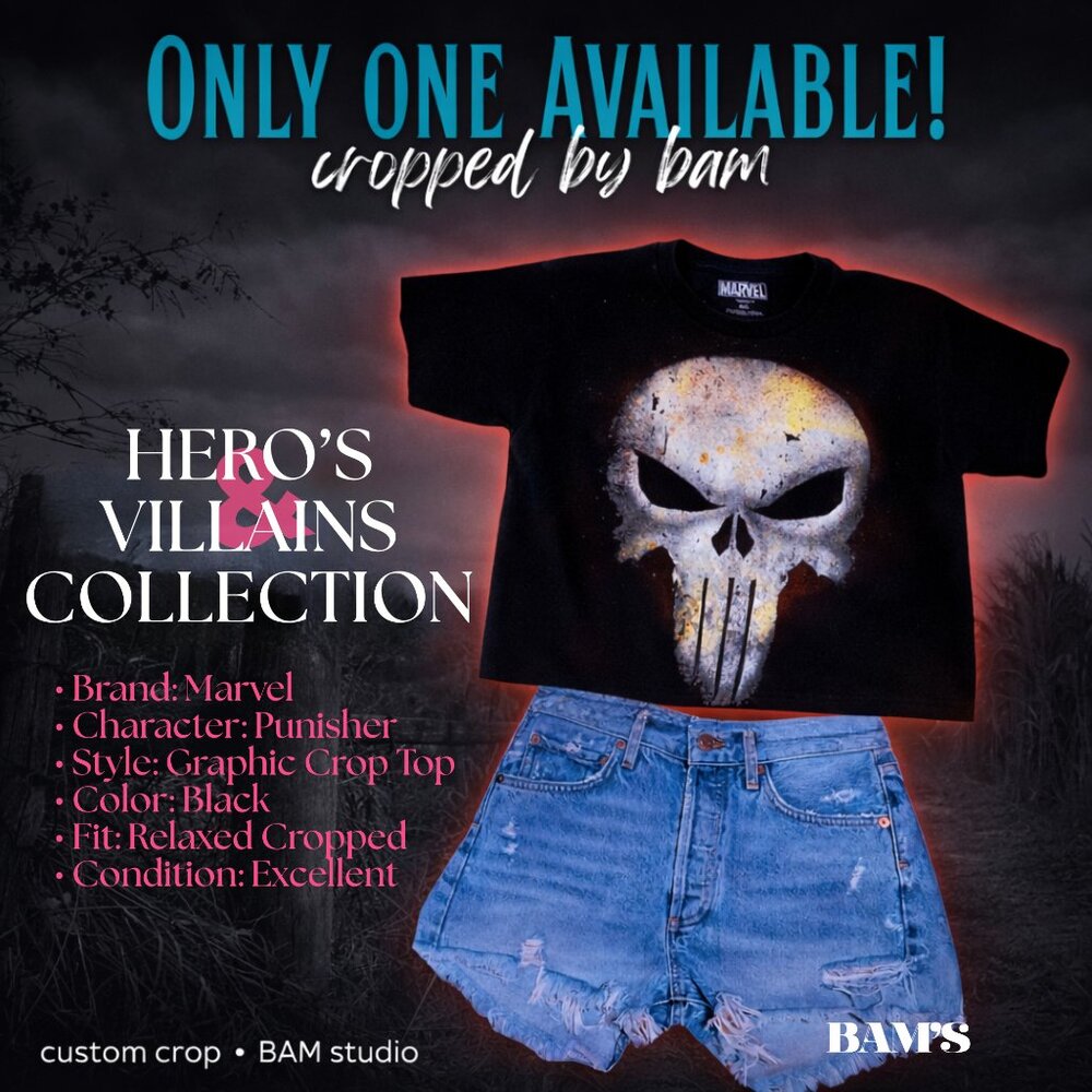 Marvel Punisher Skull Custom Crop Top Black Graphic Tee